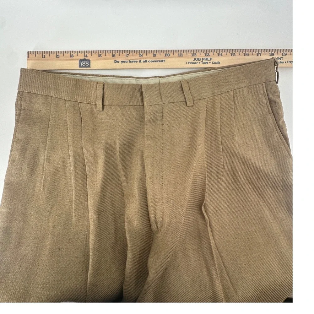Mens Pleated Linen Blend Dress Pants Khaki Tan Cuffed Trousers 38x30 Teflon
